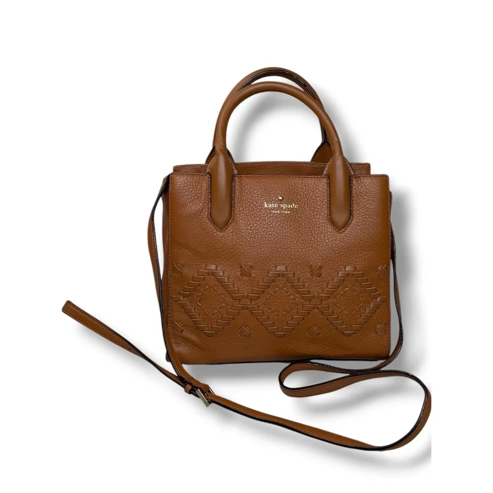 Kate Spade Meriwether Cognac Pebbled Leather Woven Diamond Satchel Crossbody Bag